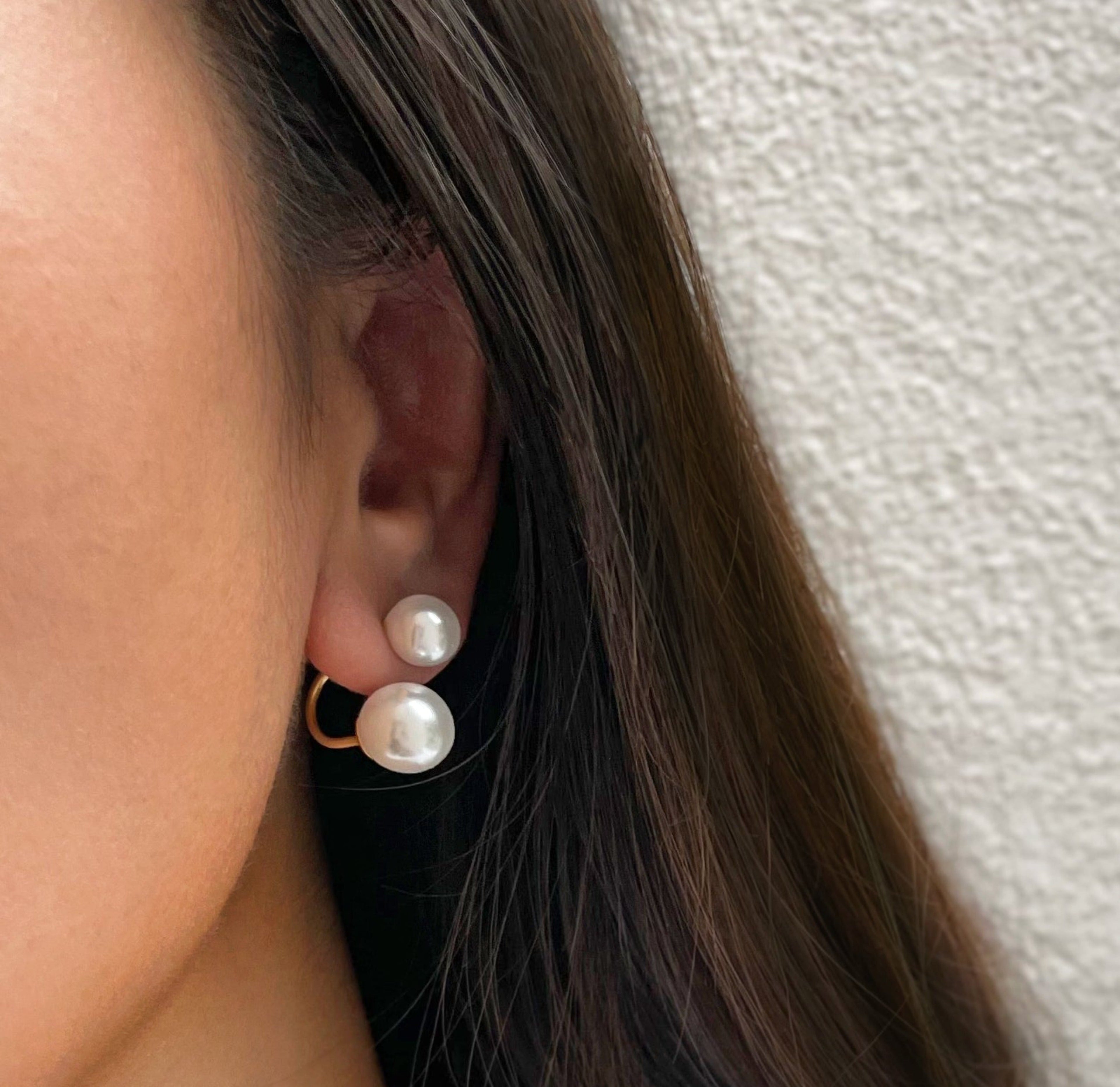 DION DOUBLE PEARL EAR JACKET STUD EARRINGS