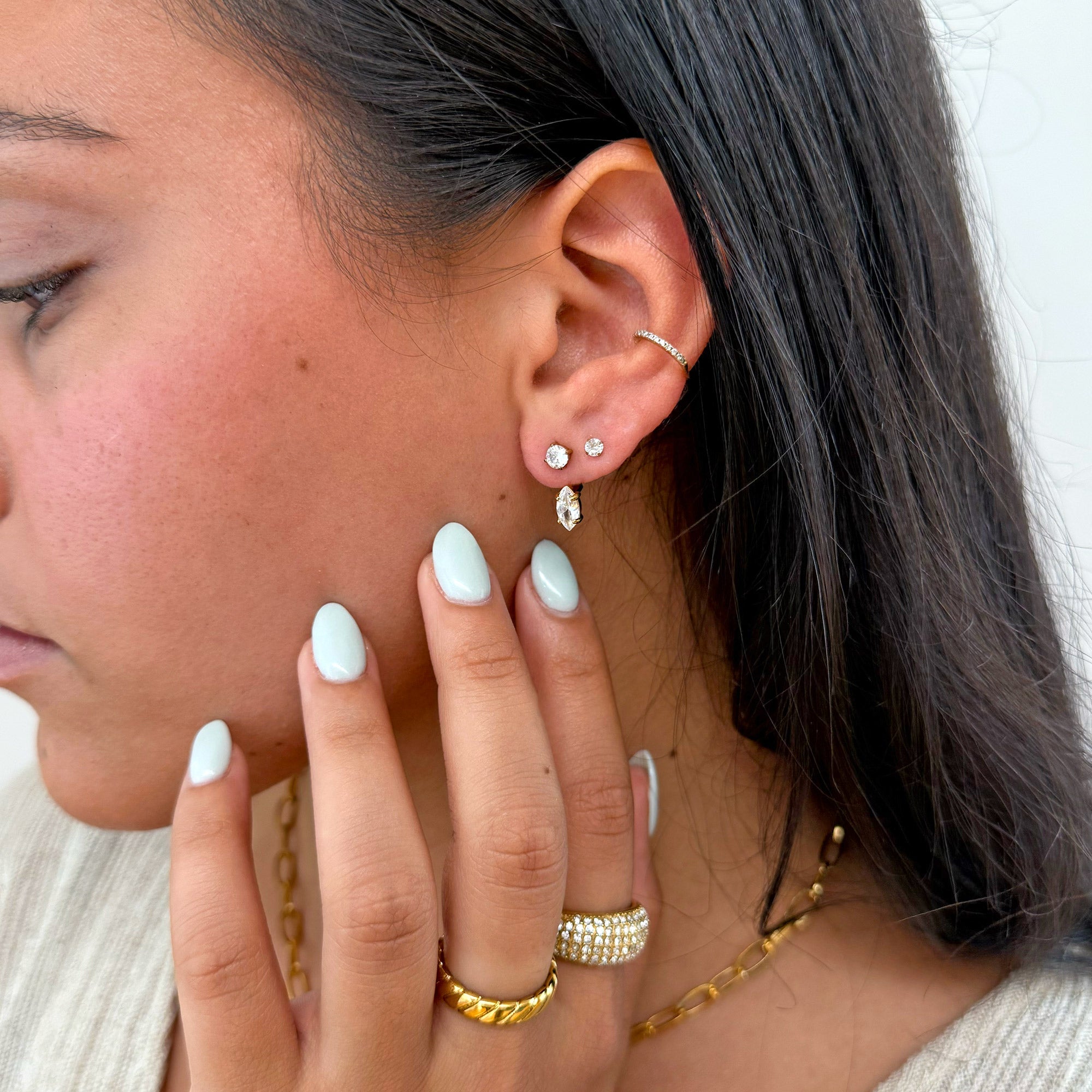 PHOEBE GOLD MARQUIS DIAMOND STUD EAR JACKET EARRINGS