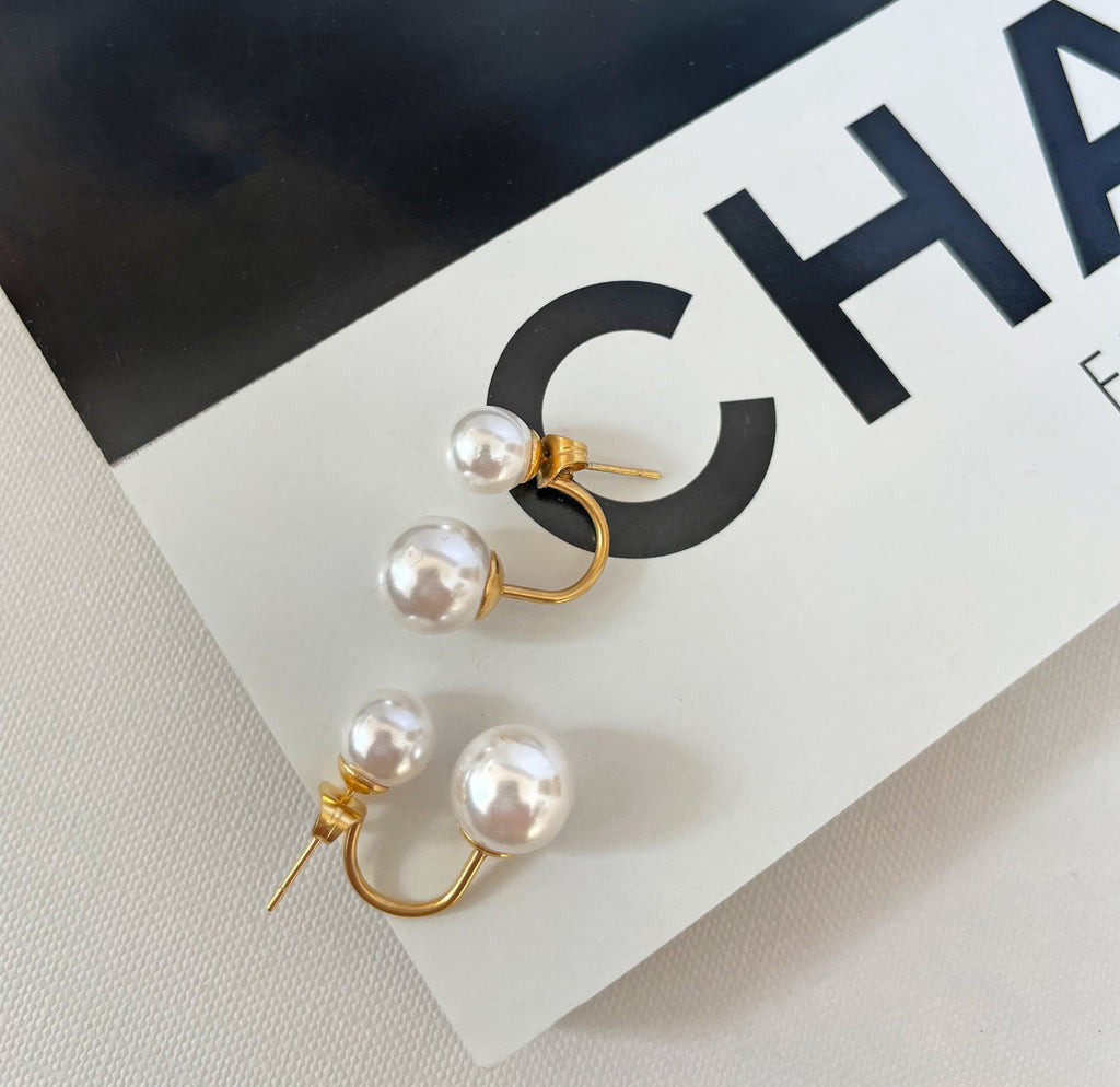 DION DOUBLE PEARL EAR JACKET STUD EARRINGS