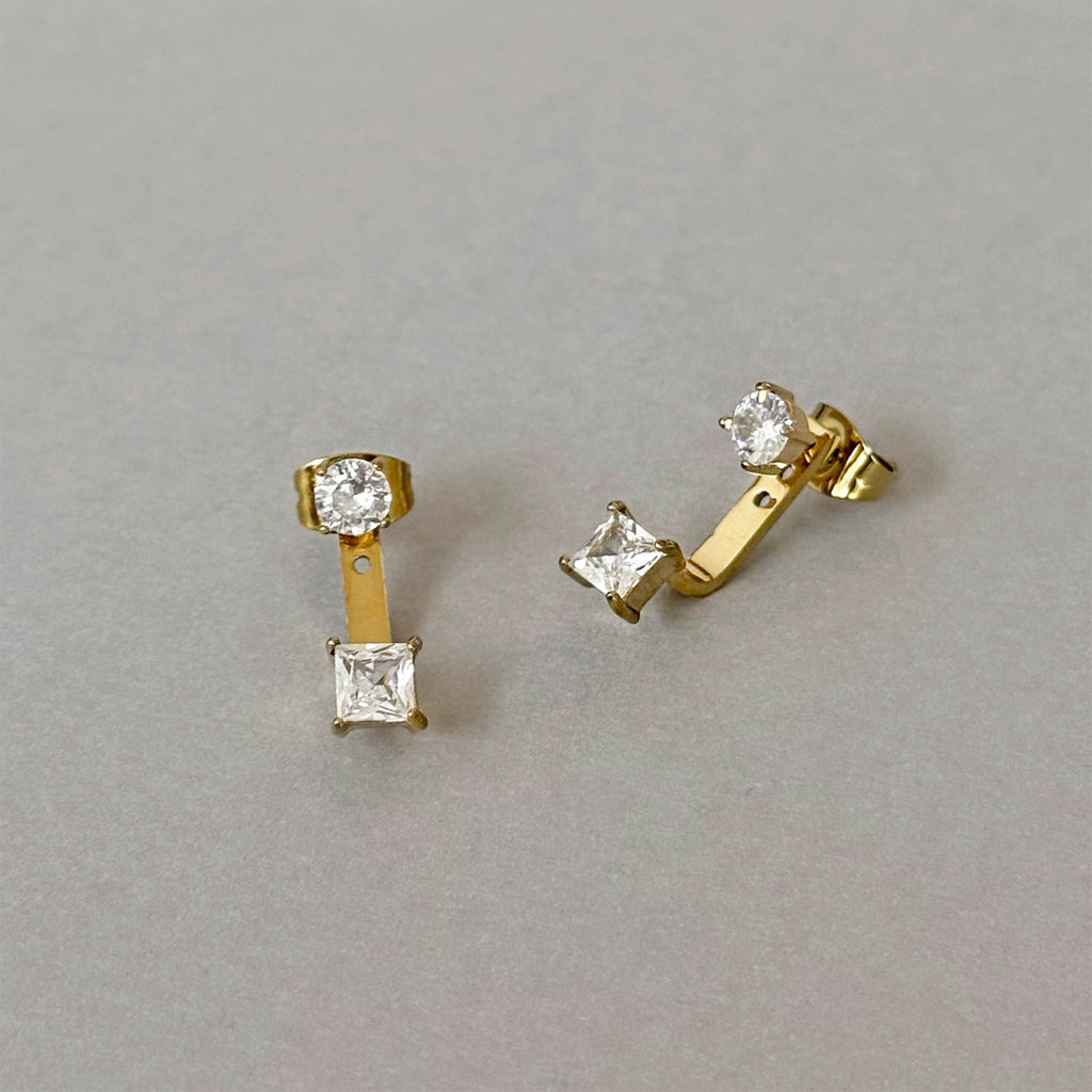 PEYTON GOLD SQUARE DIAMOND STUD EAR JACKET EARRINGS