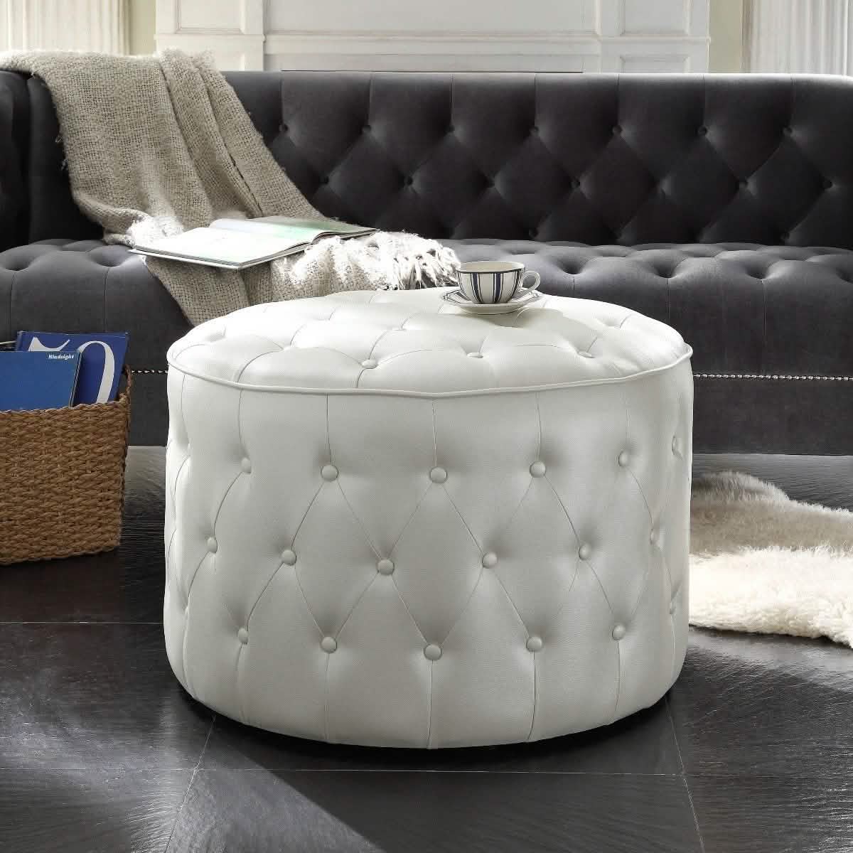 Jimmy Ottoman Button Tufted PU Leather Upholstered Round Pouf