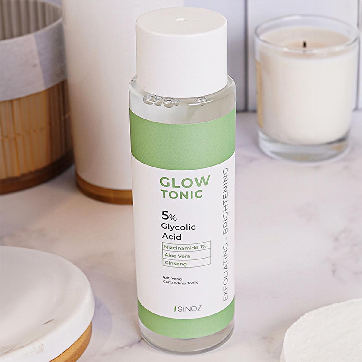 Sinoz Glow Tonik: Glycolic Acid Facial Toner for Exfoliating, Brightening & Pore Minimizing - Aloe Vera, Ginseng, Niacinamide - Radiant Skin
