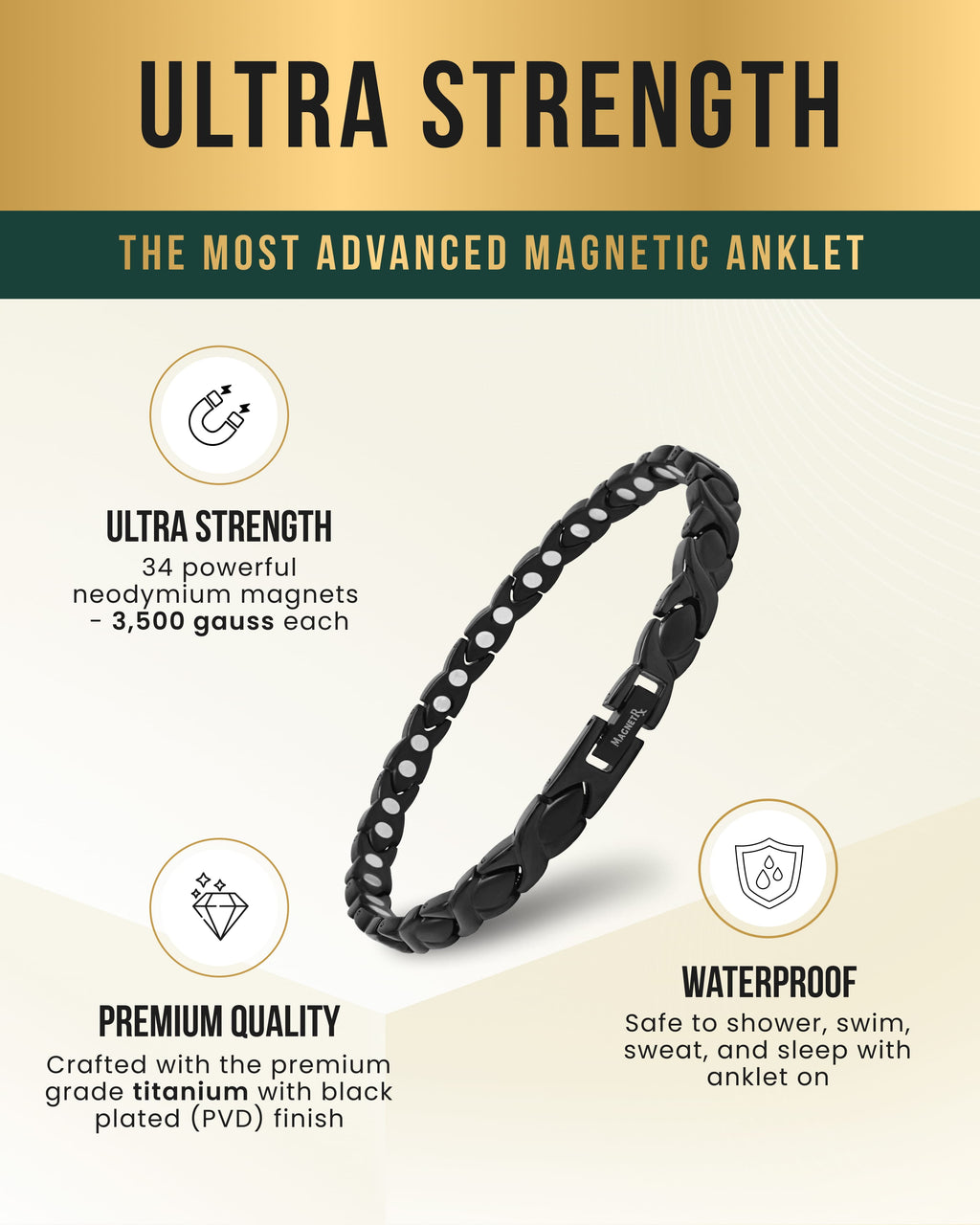 Ultra Strength Titanium Magnetic Therapy Anklet for Women (Black)