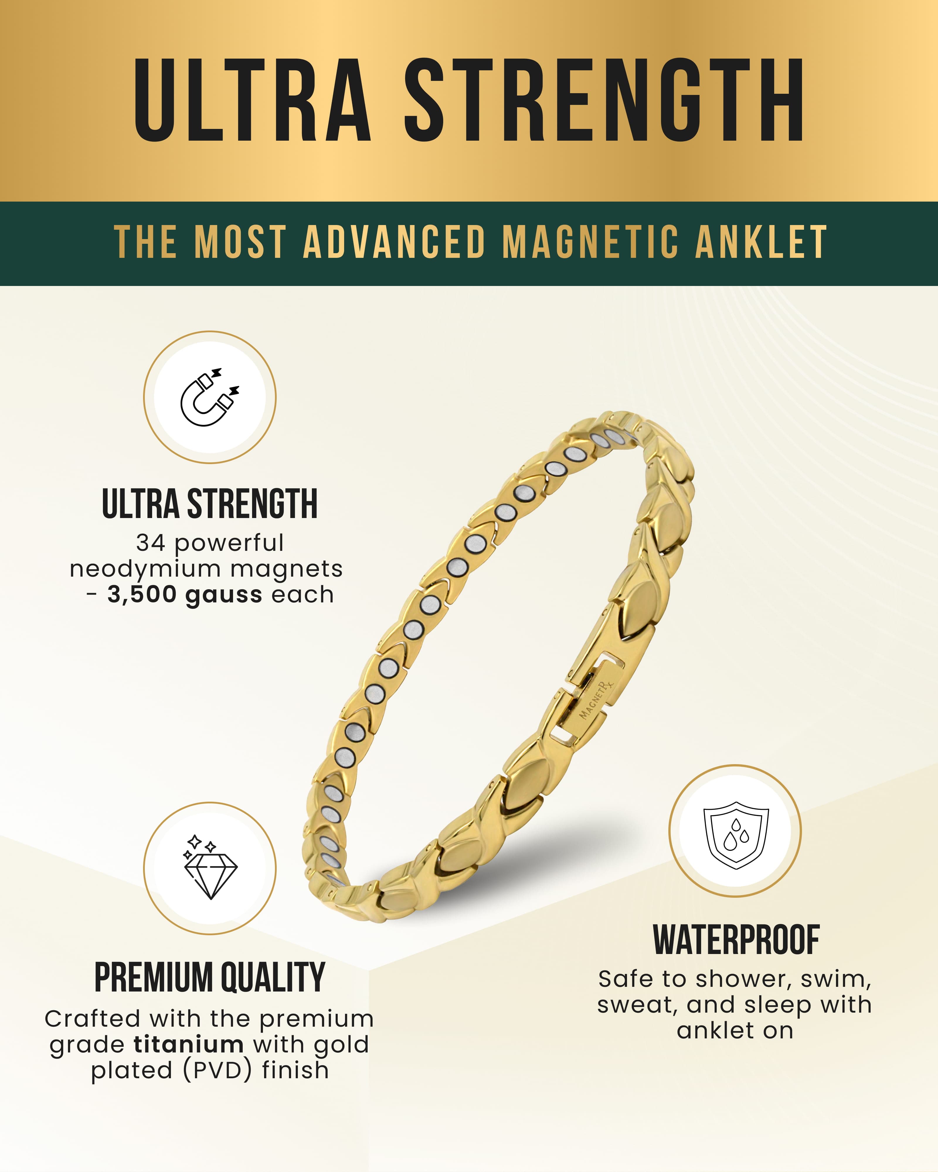 Ultra Strength Titanium Magnetic Therapy Anklet for Women (Gold)