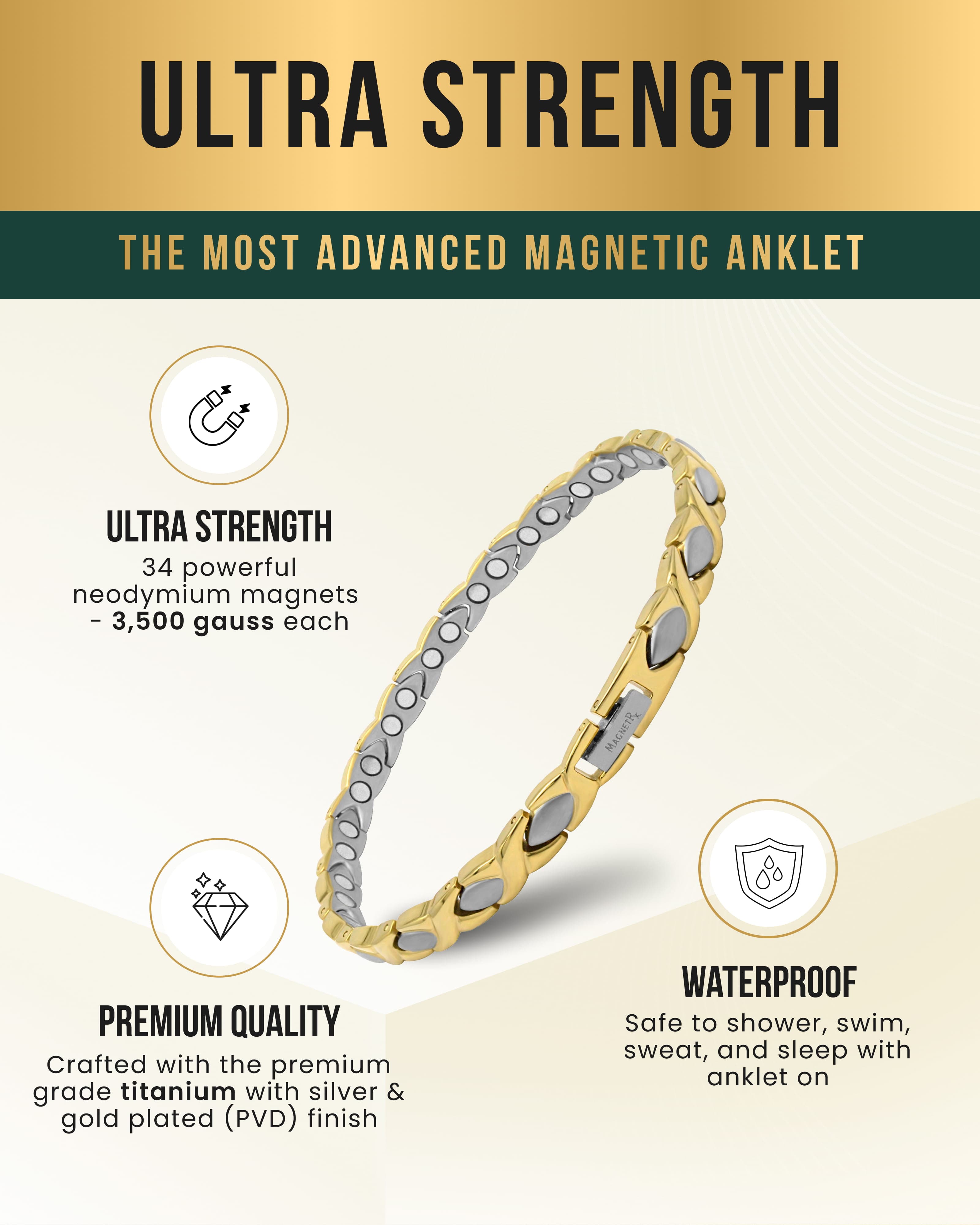 Ultra Strength Titanium Magnetic Therapy Anklet for Women (Gold & Silver)