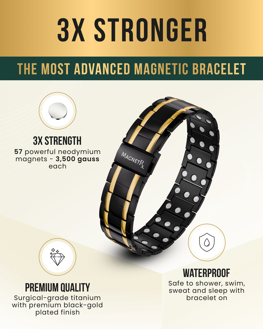 3x Strength Titanium Magnetic Bracelet for Men (Black & Gold)