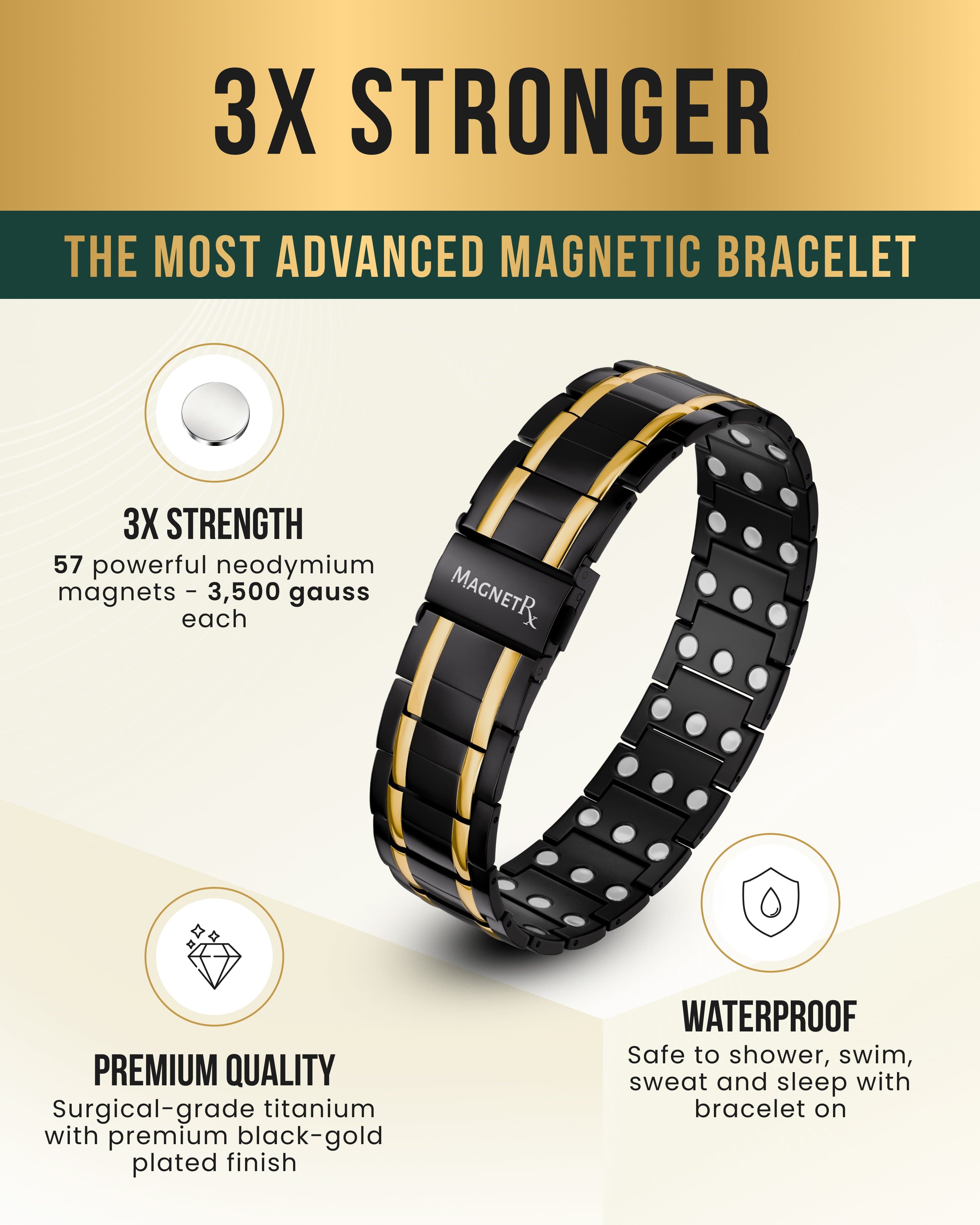 3x Strength Titanium Magnetic Bracelet for Men (Black & Gold)