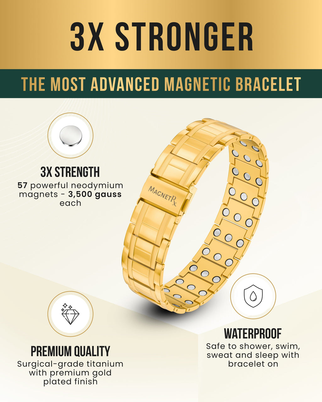 3x Strength Titanium Magnetic Bracelet for Men (Gold)
