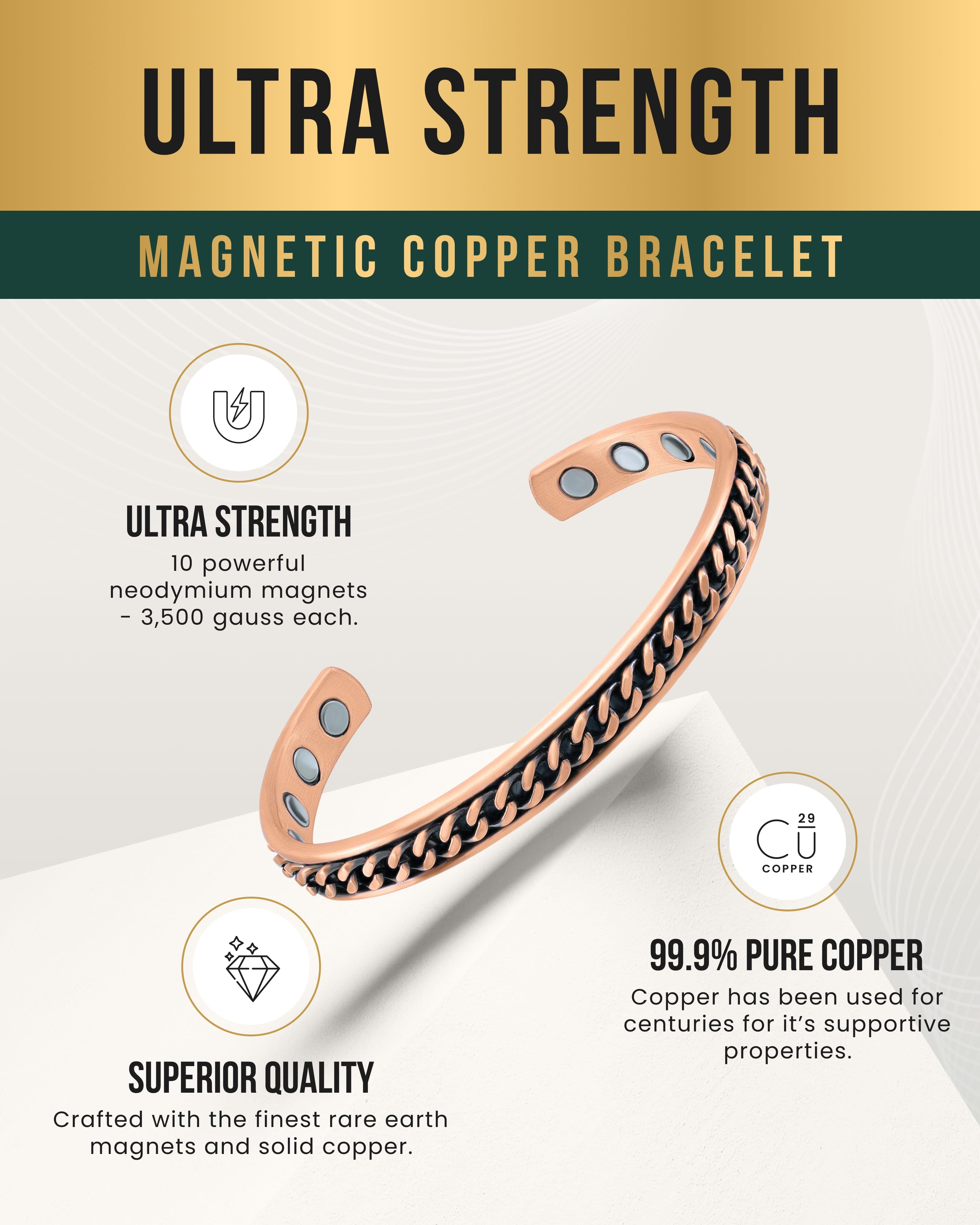 Curb Chain Inlay Copper Cuff Magnetic Therapy Bracelet for Men & Women