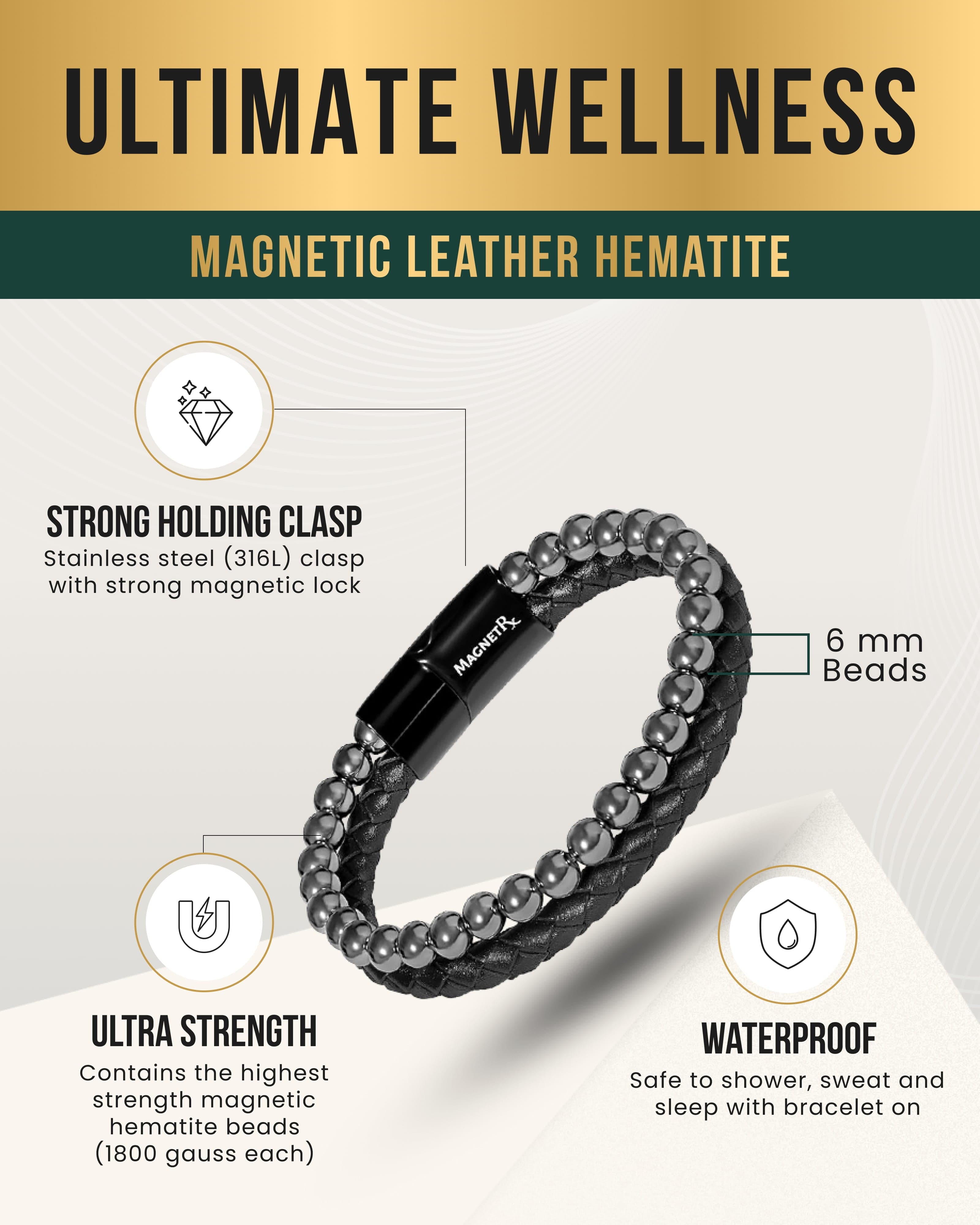 High Power Hematite Bead & Leather Magnetic Bracelet