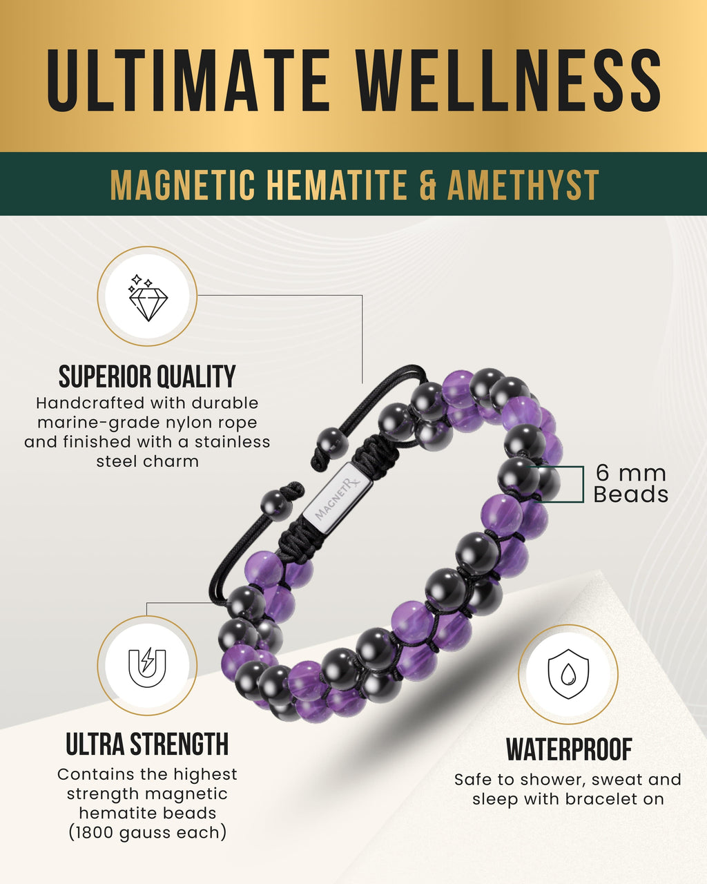 Magnetic Hematite & Amethyst Beaded Bracelet for Women