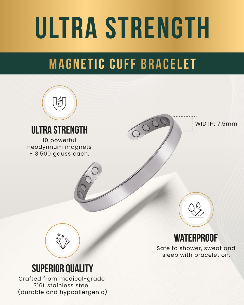 Men’s Magnetic Bracelet Cuff (Polished Silver)