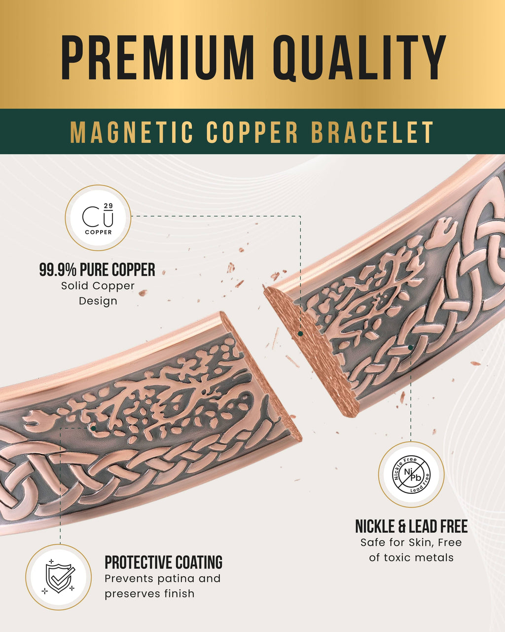 Stamped Irish Tree Magnetic Copper Bracelet Cuff for Men