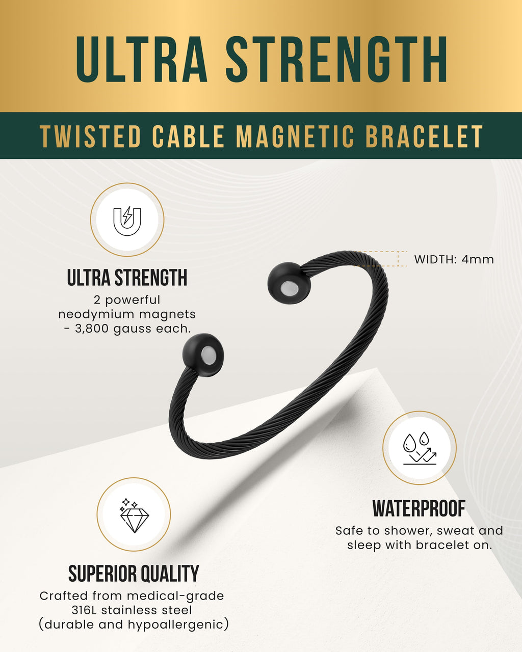 Twisted Cable Magnetic Bracelet Cuff (Black)