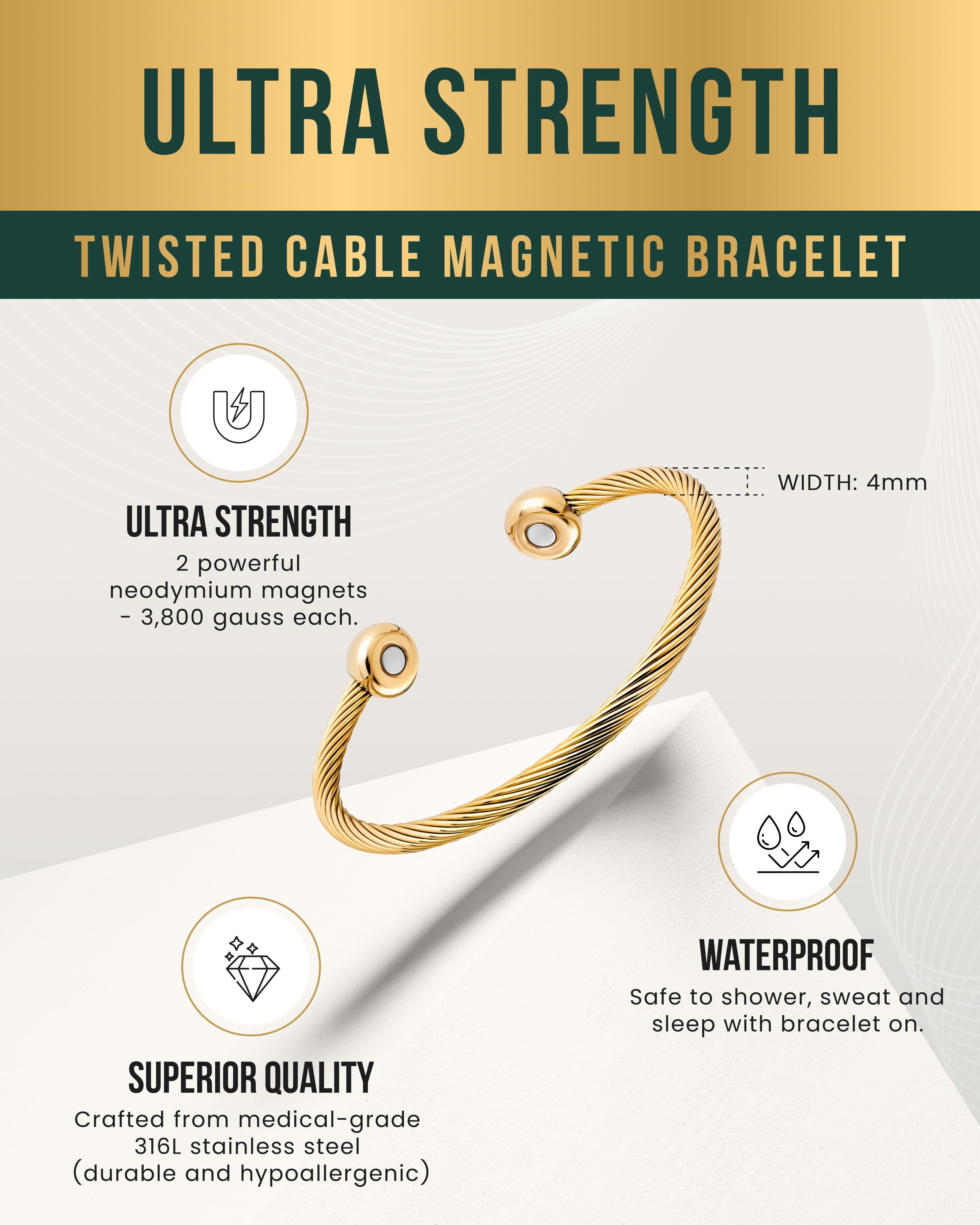 Twisted Cable Magnetic Bracelet Cuff (Gold)