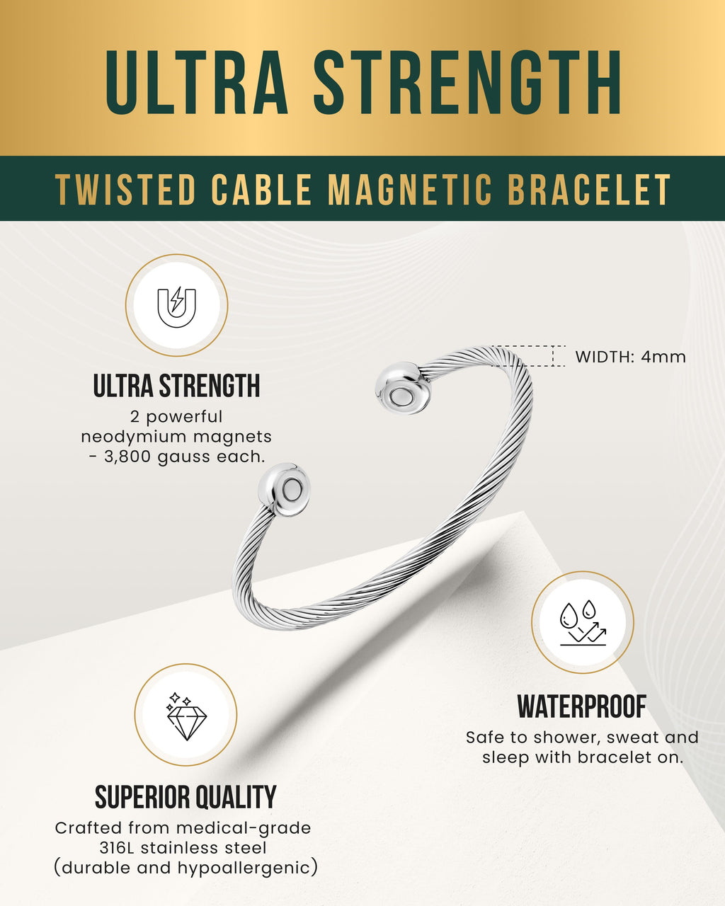 Twisted Cable Magnetic Bracelet Cuff (Silver)