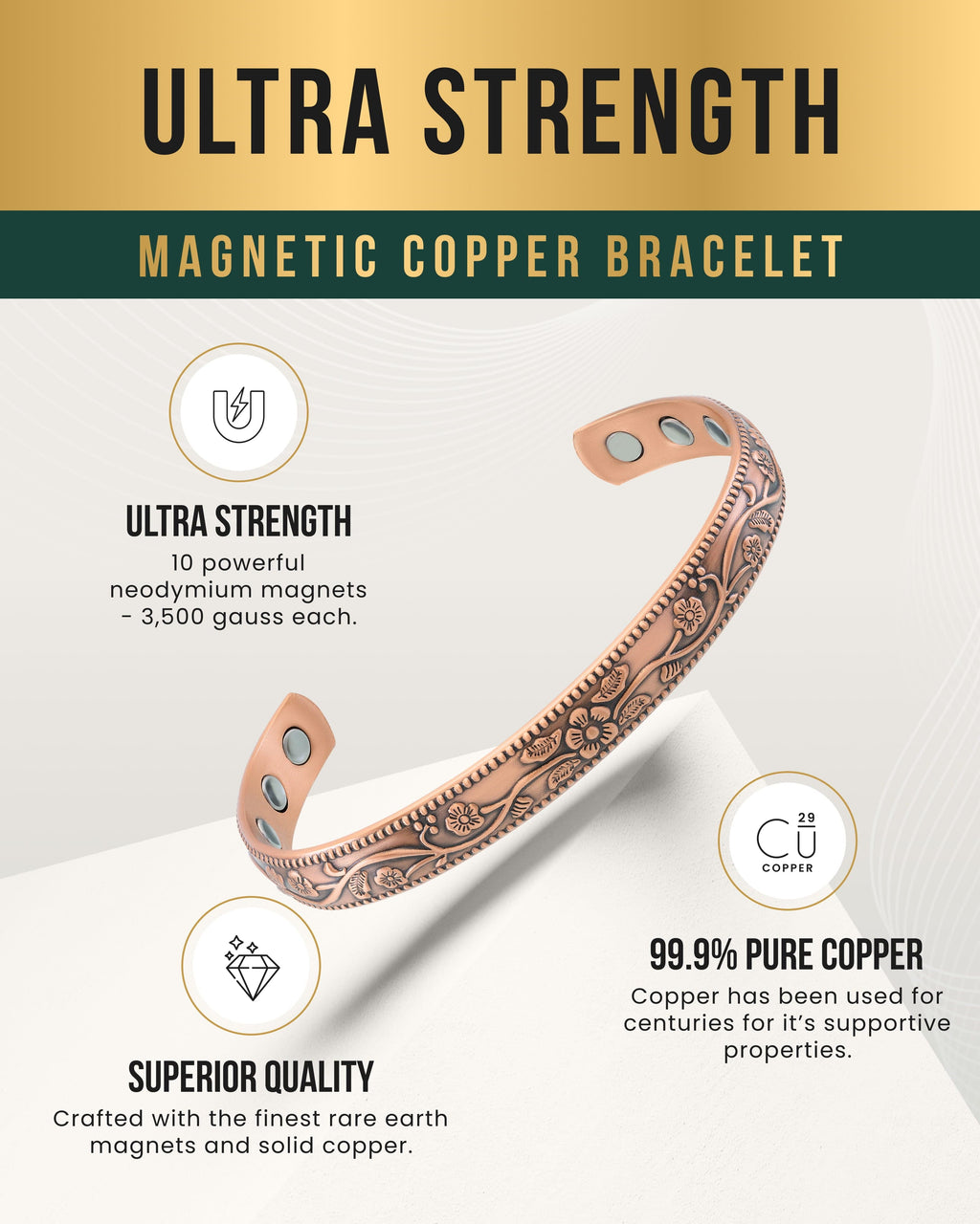 Women’s Floral Style Copper Magnetic Therapy Bracelet Bangle