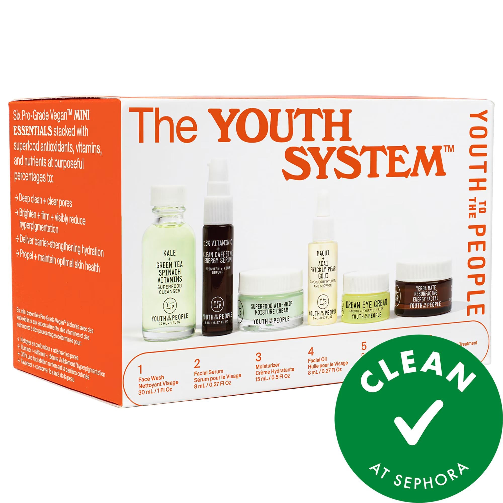 The Youth System&trade; Vegan Skincare Set - 6 Piece Starter Kit for Glowing Skin, Cruelty-Free, Superfood Antioxidants