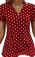 Polka Dot v Neck Zipper Front Short Sleeve Blouse