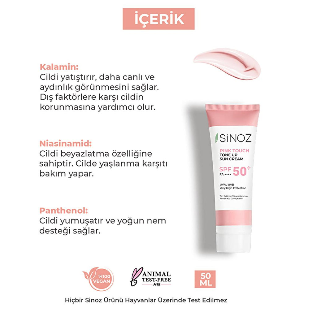 Sinoz SPF50+ Pink Touch Facial Sunscreen: Tone Up & Protect with High Protection, Calamine & PA++++ for Radiant Skin (1.69 fl oz)