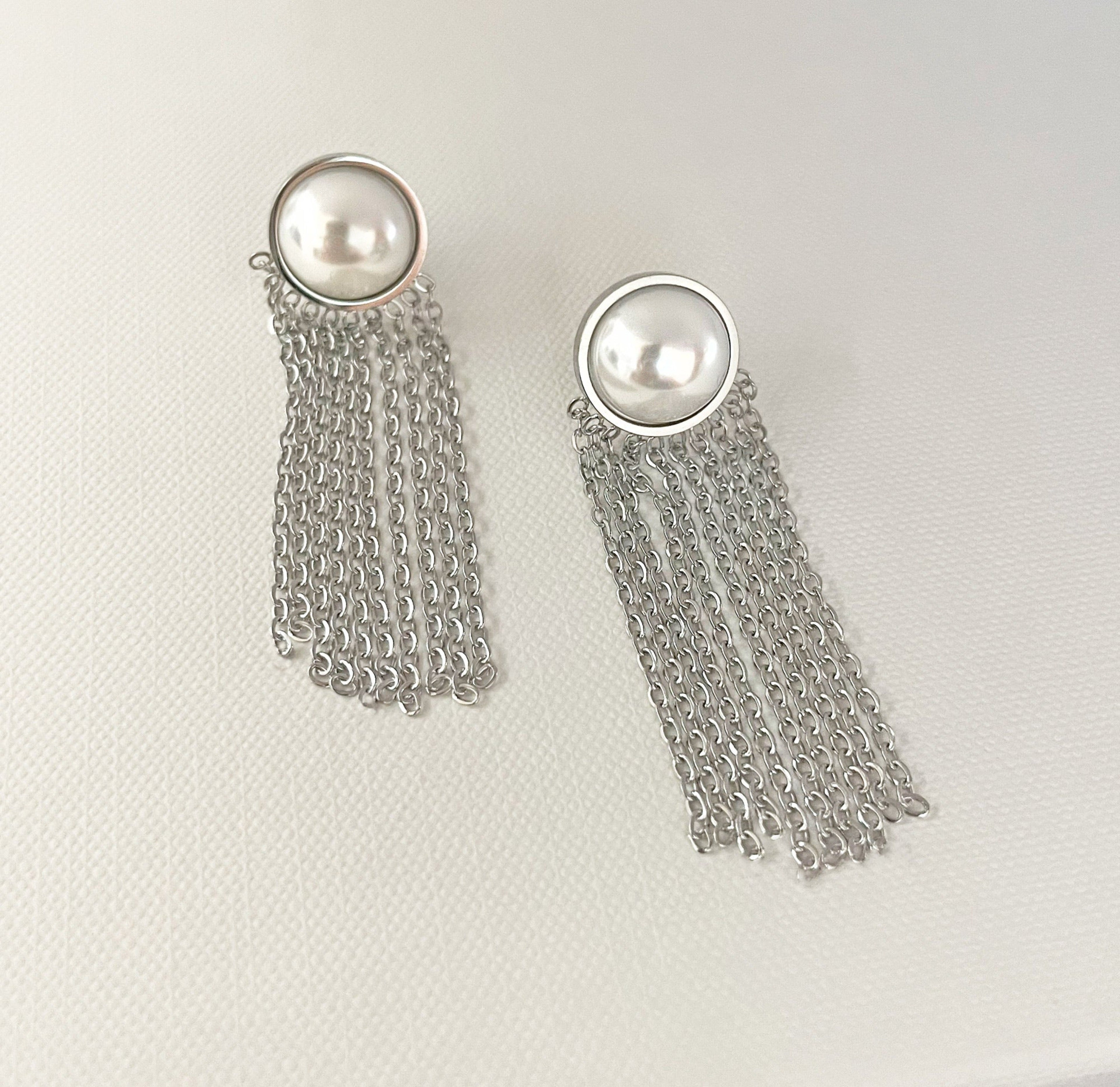 LOLITA SILVER PEARL TASSEL CHAIN EARRINGS