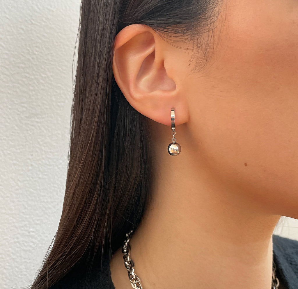 ELLIE SILVER BALL DROP HUGGIE EARRINGS