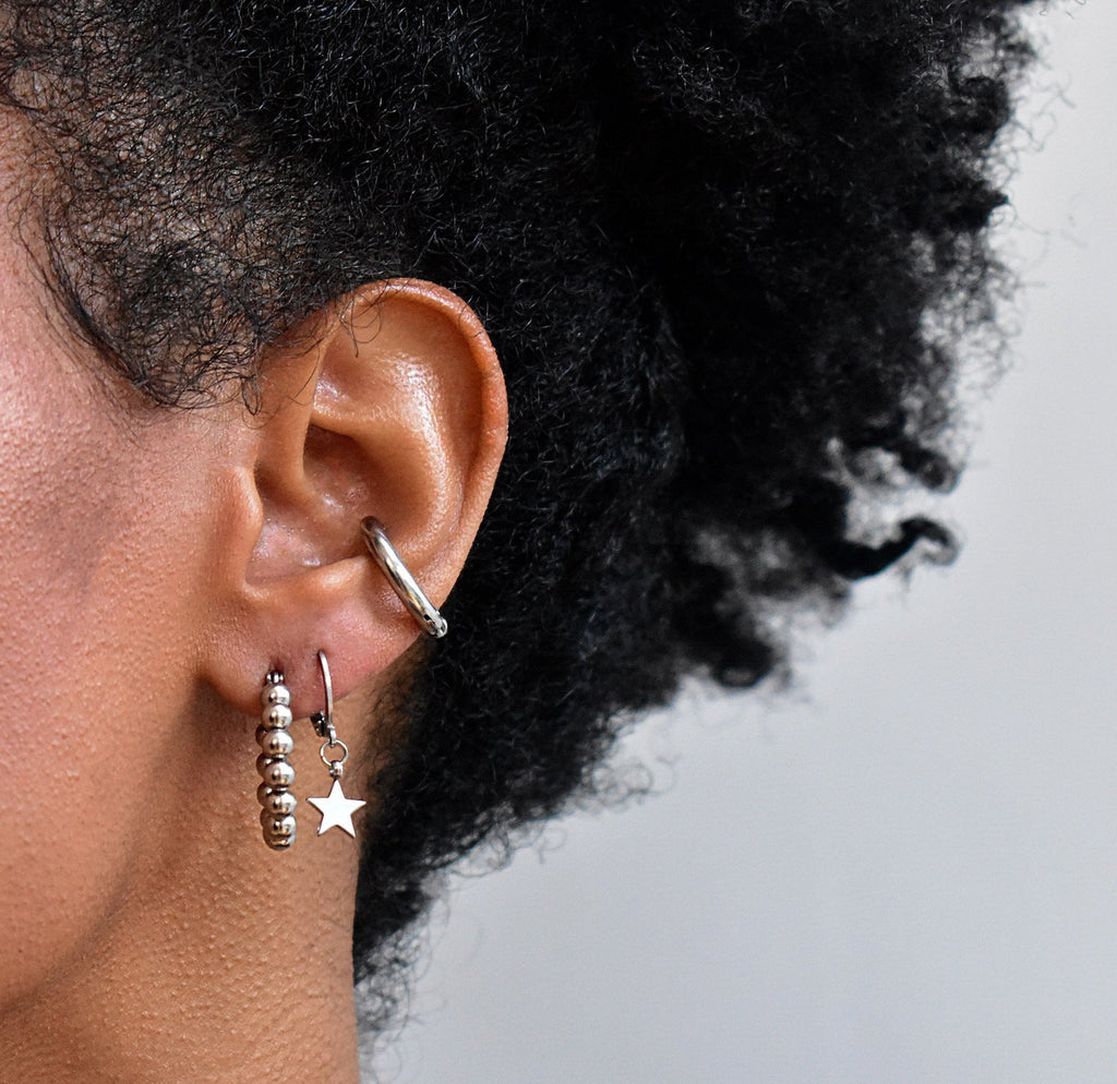 ROCCO SMALL SILVER BEADED HOOP EARRINGS