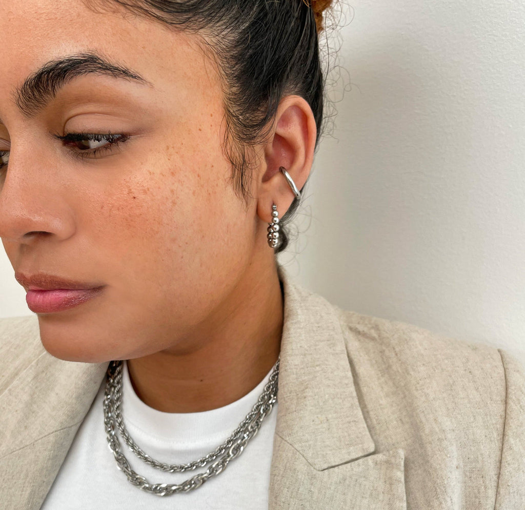 ROCCO SMALL SILVER BEADED HOOP EARRINGS