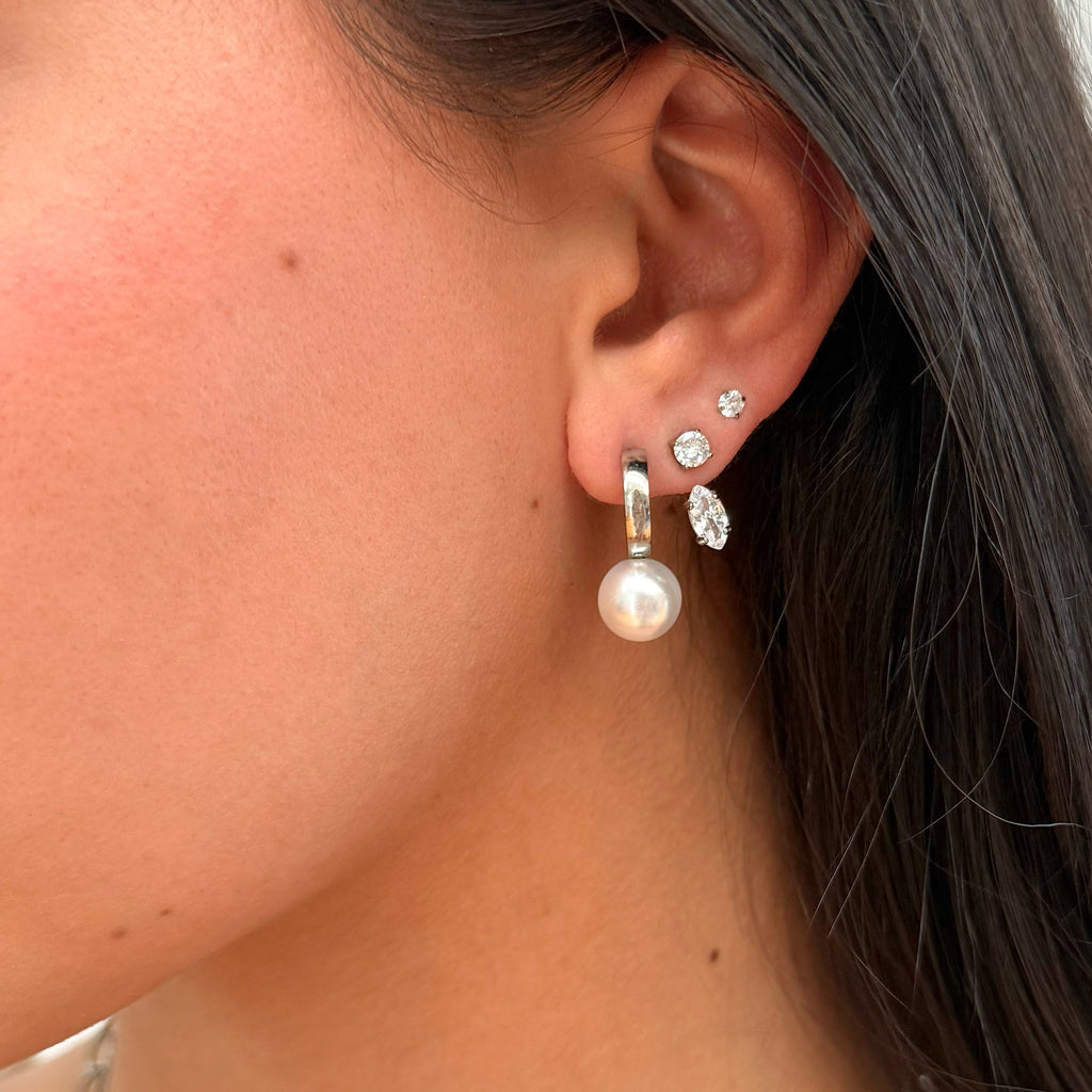 CASEY SILVER PEARL HUGGIE EARRINGS