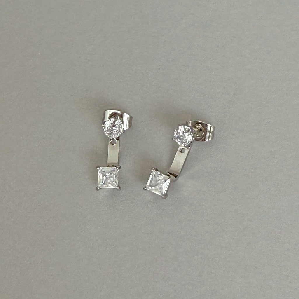 PEYTON SILVER SQUARE DIAMOND STUD EAR JACKET EARRINGS