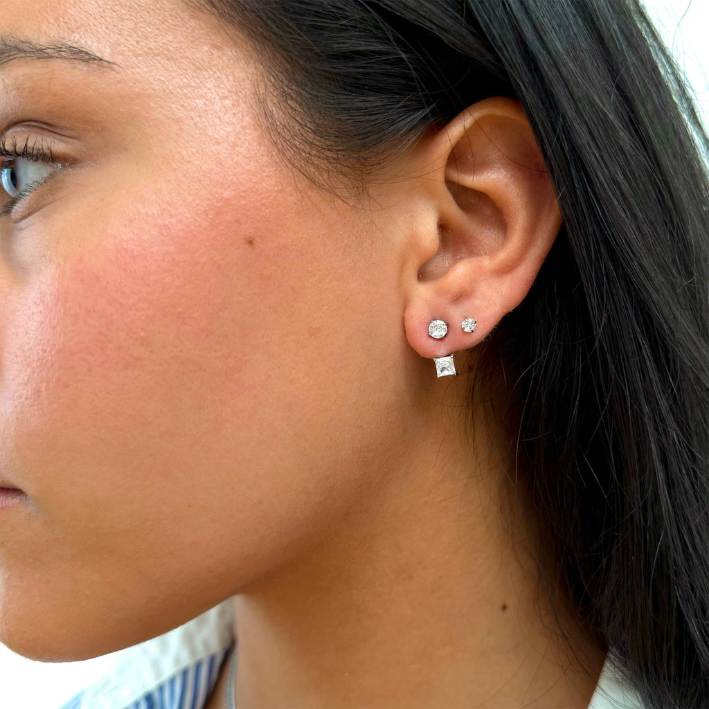 PEYTON SILVER SQUARE DIAMOND STUD EAR JACKET EARRINGS