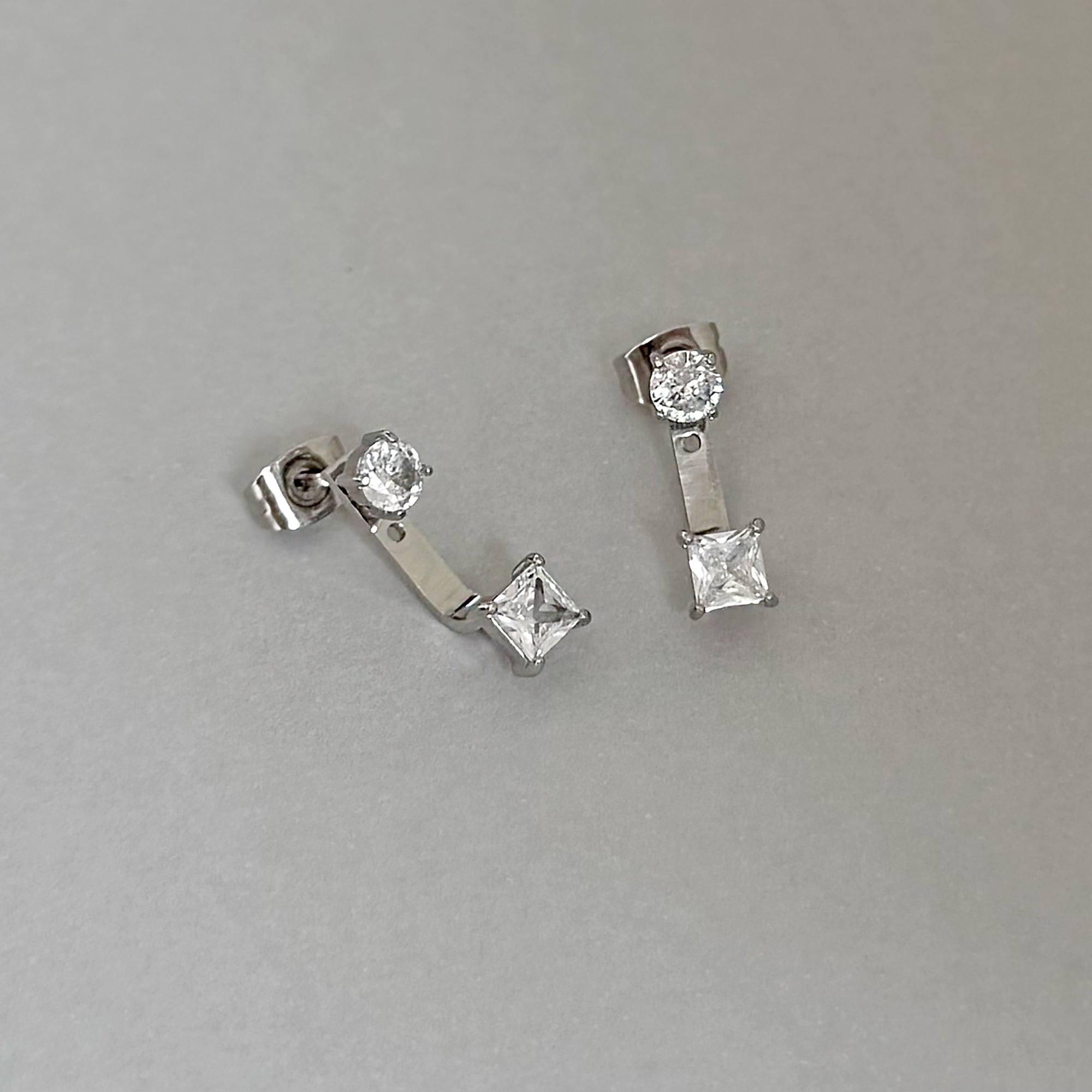 PEYTON SILVER SQUARE DIAMOND STUD EAR JACKET EARRINGS