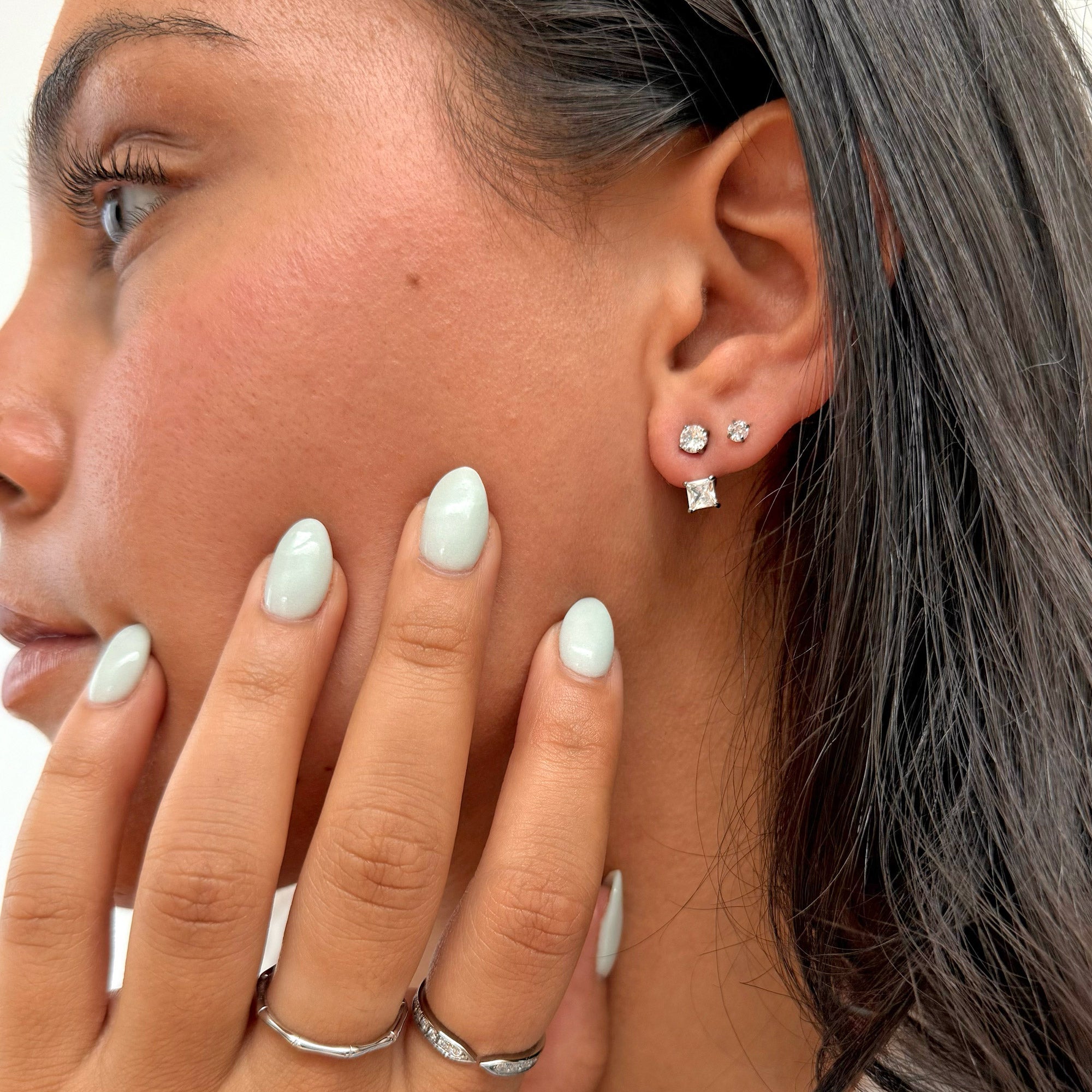 PEYTON SILVER SQUARE DIAMOND STUD EAR JACKET EARRINGS