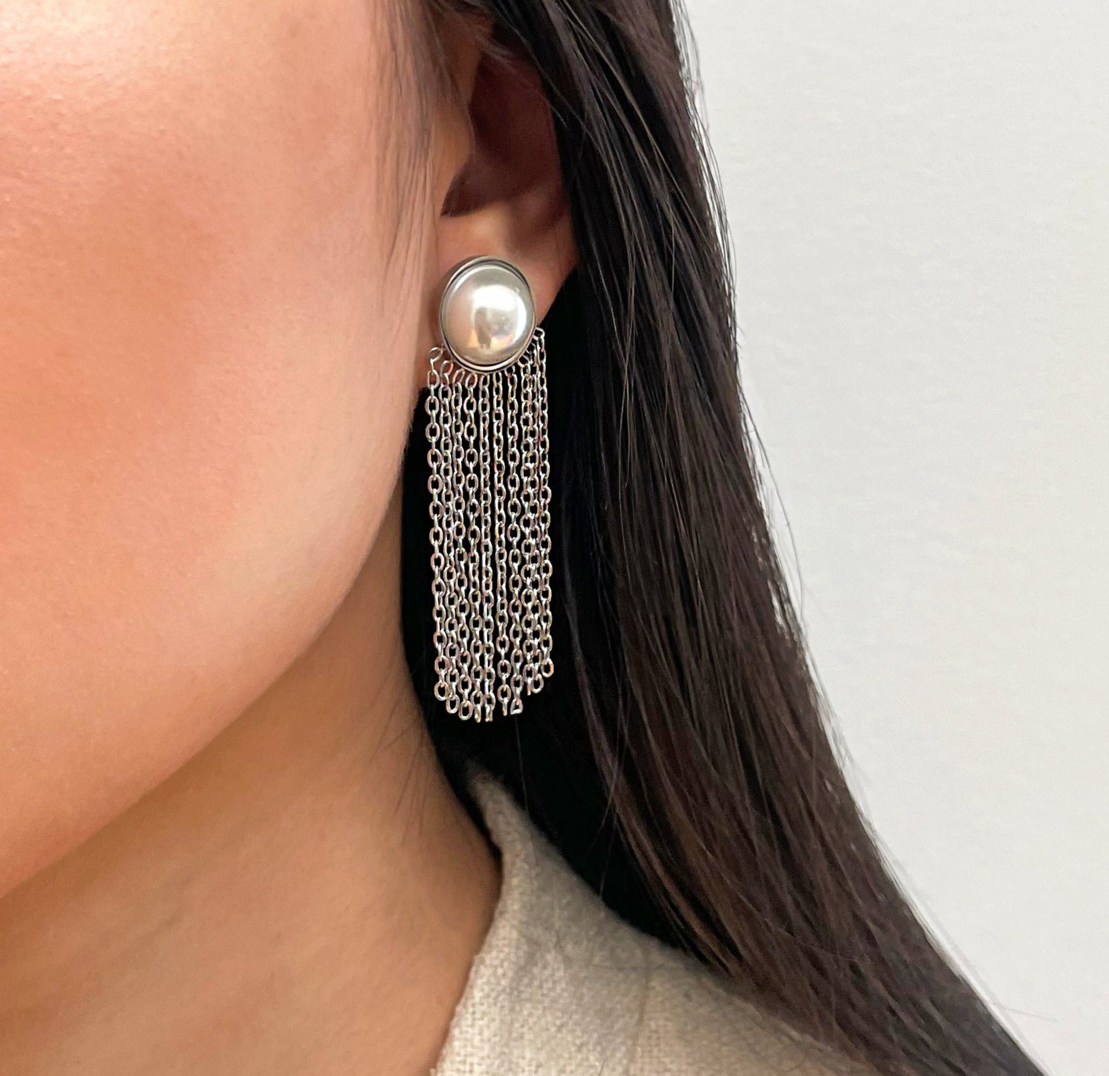 LOLITA SILVER PEARL TASSEL CHAIN EARRINGS