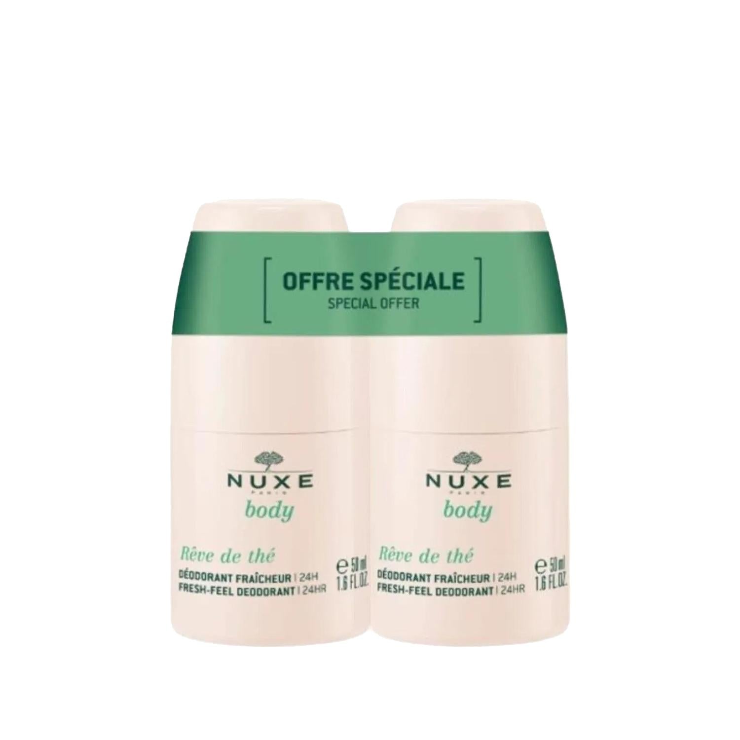 Nuxe Body Reve De The: Fresh Tea, Alcohol-Free Roll-On Deodorant - Long Lasting Odor Protection & Gentle for Sensitive Skin (2x50ml)