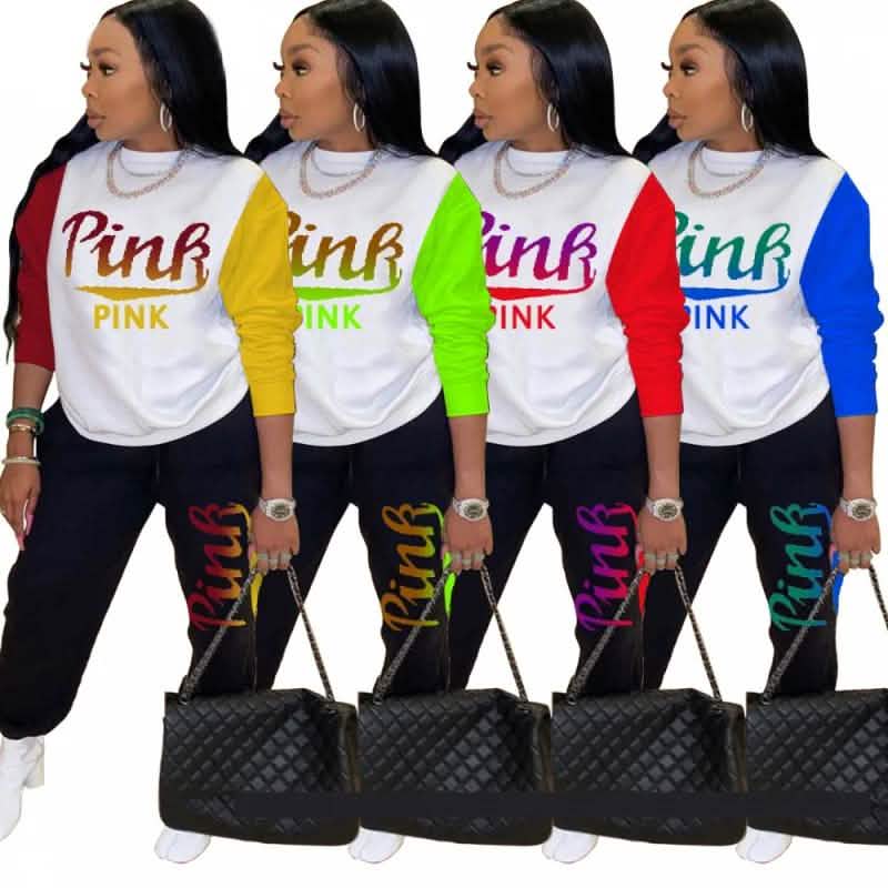 Women Pink Letter Print Long Sleeve Top and Pants Spring Streetwear
