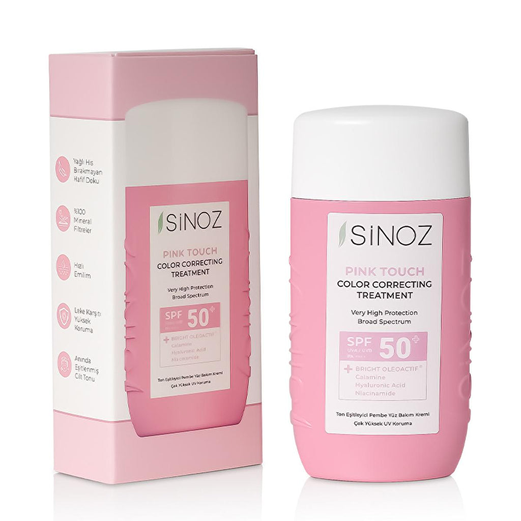 Sinoz Pink Touch SPF50+ Tone-Up Sunscreen: Color Correcting, Redness Reducing, and Brightening Mineral Facial Sunscreen with Hyaluronic Acid - 1.69 fl oz